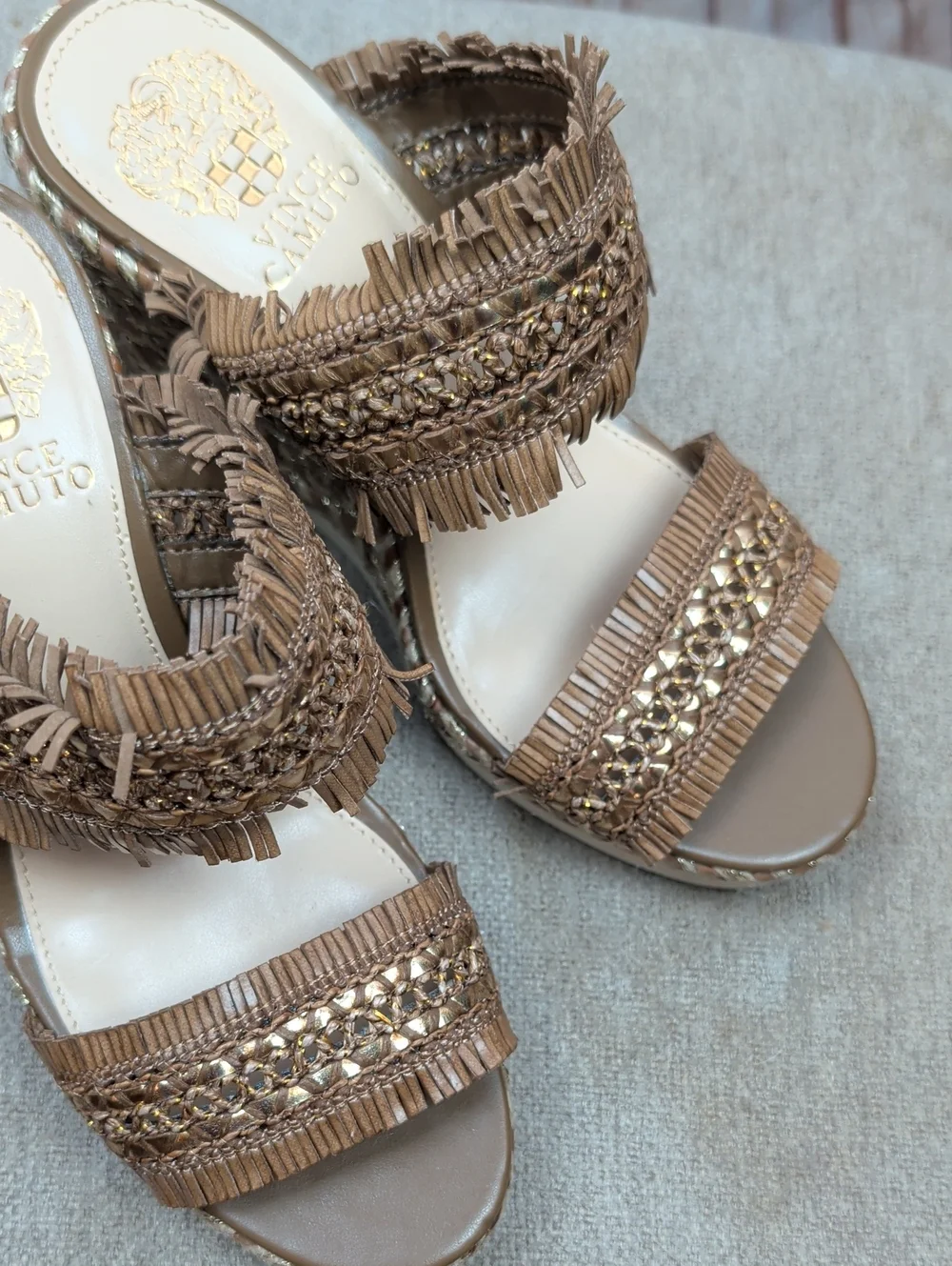 Vince Camuto Fringe Platform Wedge Sandals - Brown 7.5